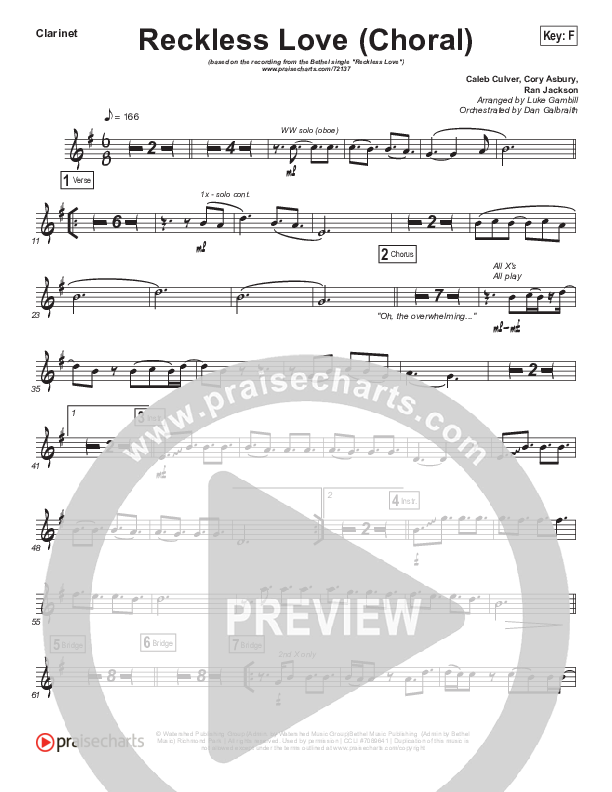 Reckless Love (Choral Anthem SATB) Clarinet (Bethel Music / Cory Asbury / Arr. Luke Gambill)