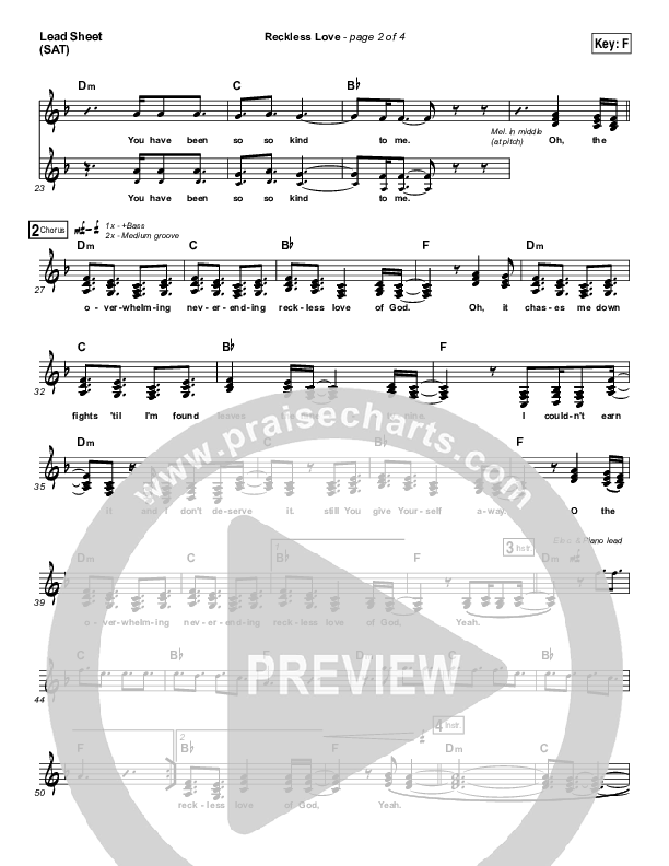 Reckless Love (Choral Anthem SATB) Lead Sheet (SAT) (Bethel Music / Cory Asbury / Arr. Luke Gambill)