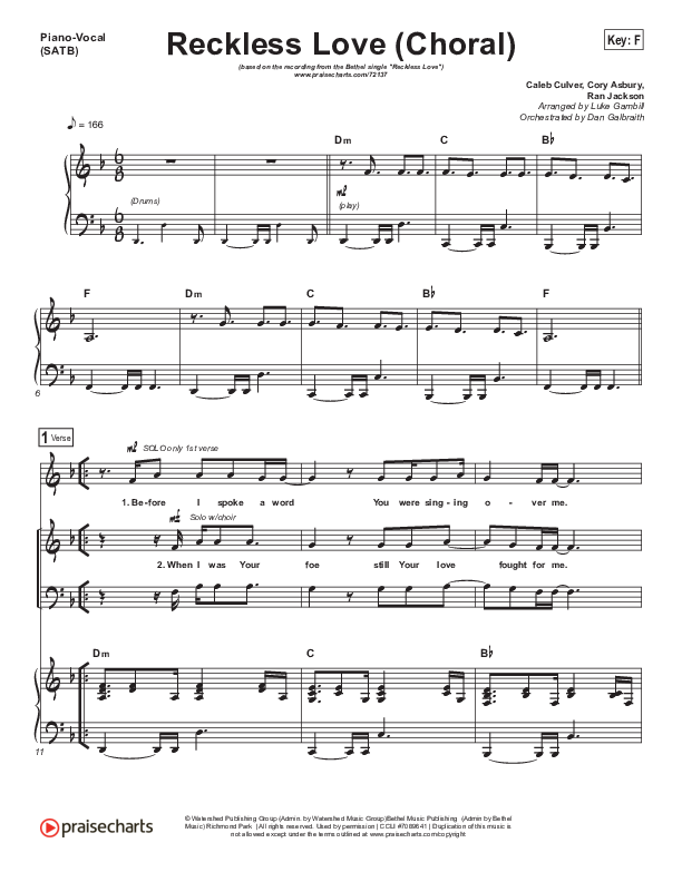 Reckless Love (Choral Anthem SATB) Piano/Vocal (SATB) (Bethel Music / Cory Asbury / Arr. Luke Gambill)