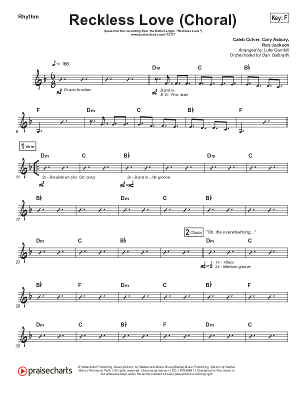 Reckless Love (Choral Anthem SATB) Rhythm Chart (Bethel Music / Cory Asbury / Arr. Luke Gambill)