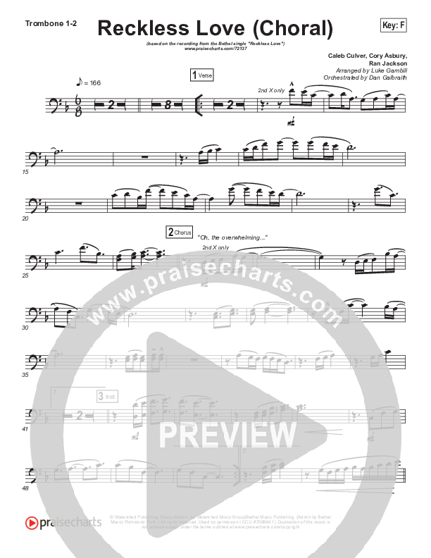 Reckless Love (Choral Anthem SATB) Trombone 1/2 (Bethel Music / Cory Asbury / Arr. Luke Gambill)