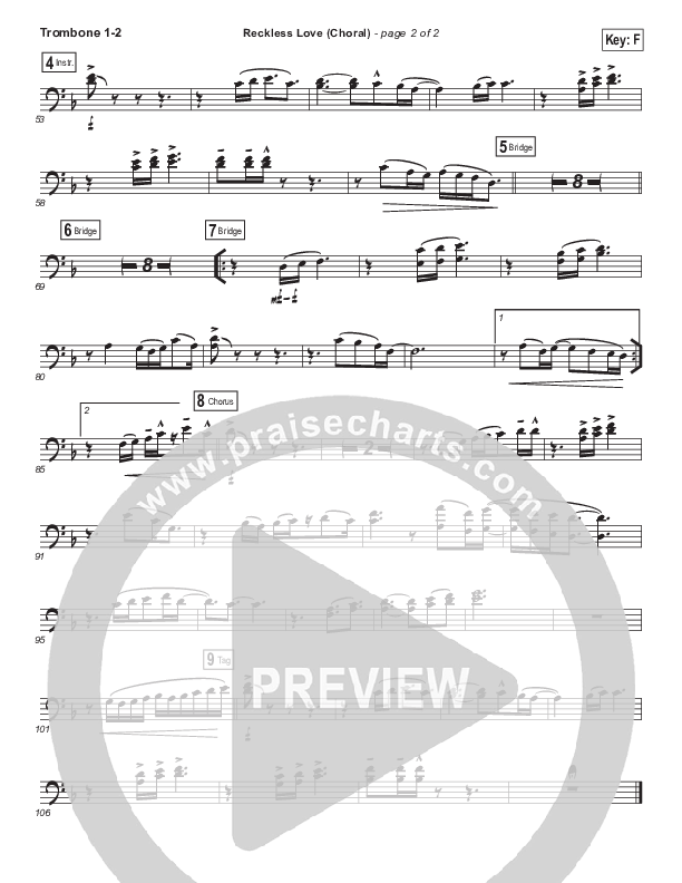 Reckless Love (Choral Anthem SATB) Trombone 1/2 (Bethel Music / Cory Asbury / Arr. Luke Gambill)