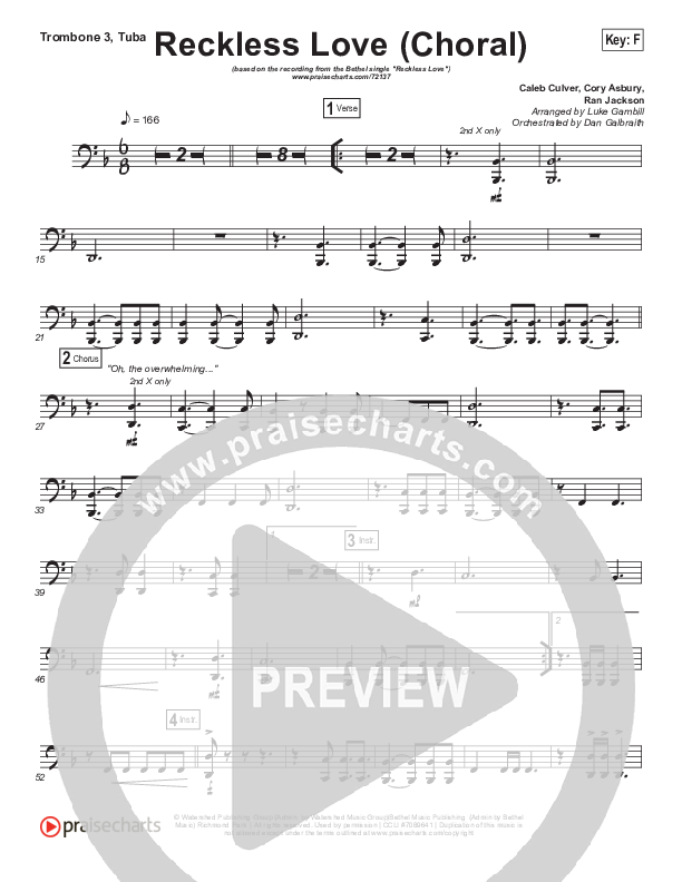 Reckless Love (Choral Anthem SATB) Trombone 3/Tuba (Bethel Music / Cory Asbury / Arr. Luke Gambill)