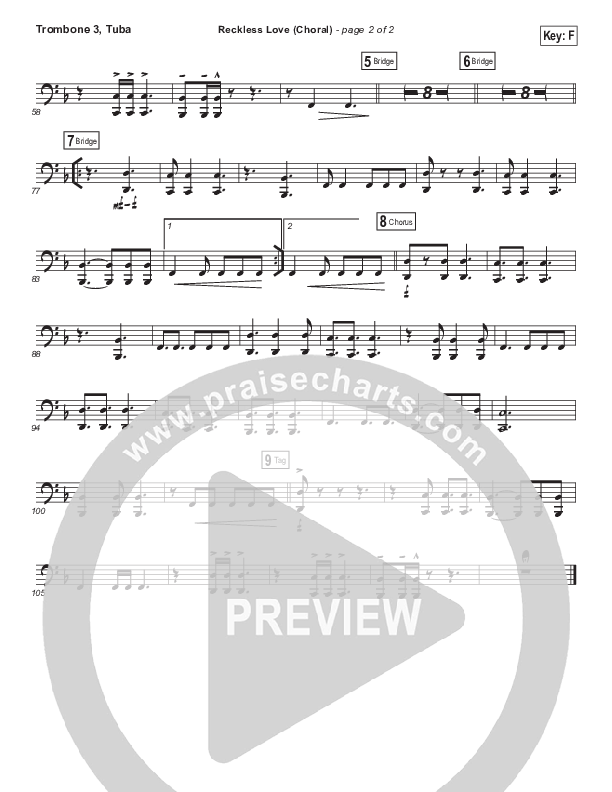 Reckless Love (Choral Anthem SATB) Trombone 3/Tuba (Bethel Music / Cory Asbury / Arr. Luke Gambill)