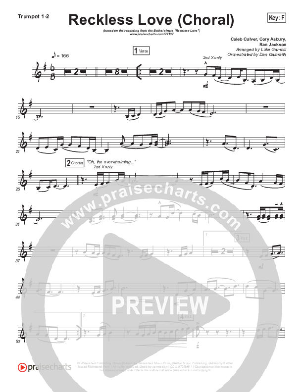 Reckless Love (Choral Anthem SATB) Trumpet 1,2 (Bethel Music / Cory Asbury / Arr. Luke Gambill)
