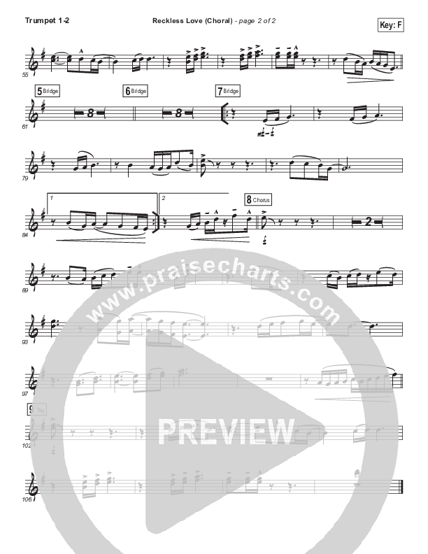 Reckless Love (Choral Anthem SATB) Trumpet 1,2 (Bethel Music / Cory Asbury / Arr. Luke Gambill)