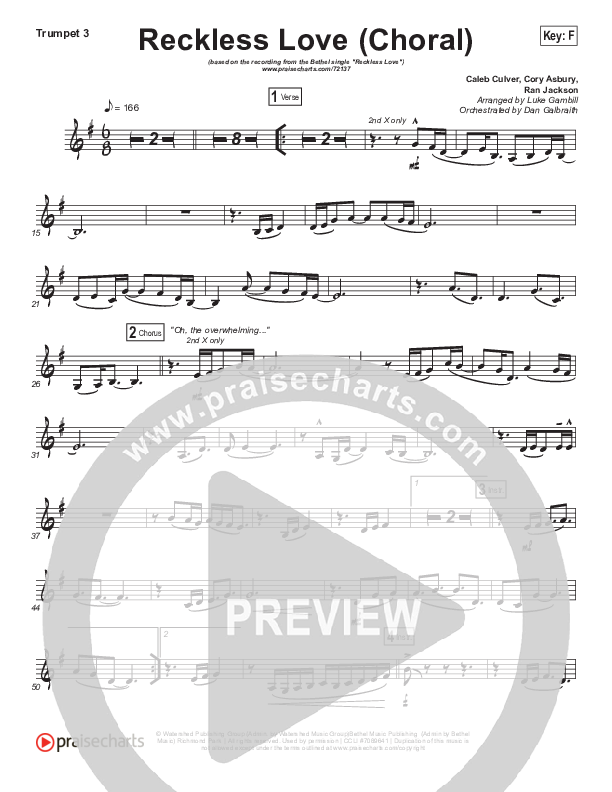 Reckless Love (Choral Anthem SATB) Trumpet 3 (Bethel Music / Cory Asbury / Arr. Luke Gambill)