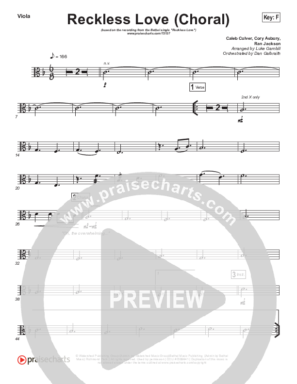 Reckless Love (Choral Anthem SATB) Viola (Bethel Music / Cory Asbury / Arr. Luke Gambill)