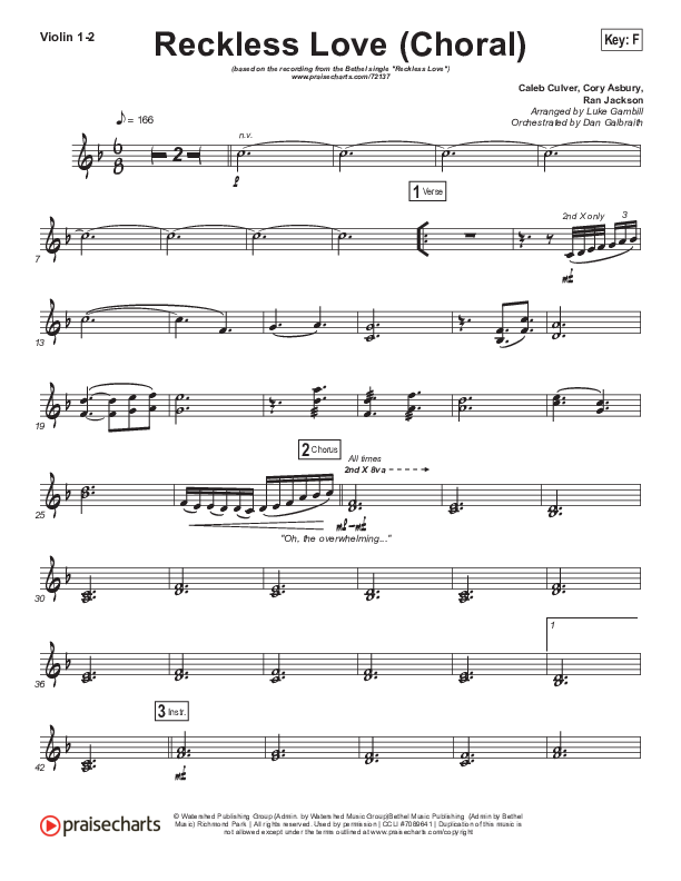 Reckless Love (Choral Anthem SATB) Violin 1/2 (Bethel Music / Cory Asbury / Arr. Luke Gambill)