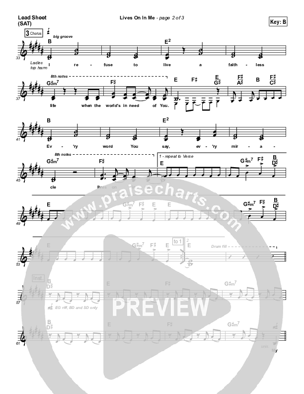 Lives On In Me Lead Sheet (Equippers Church)