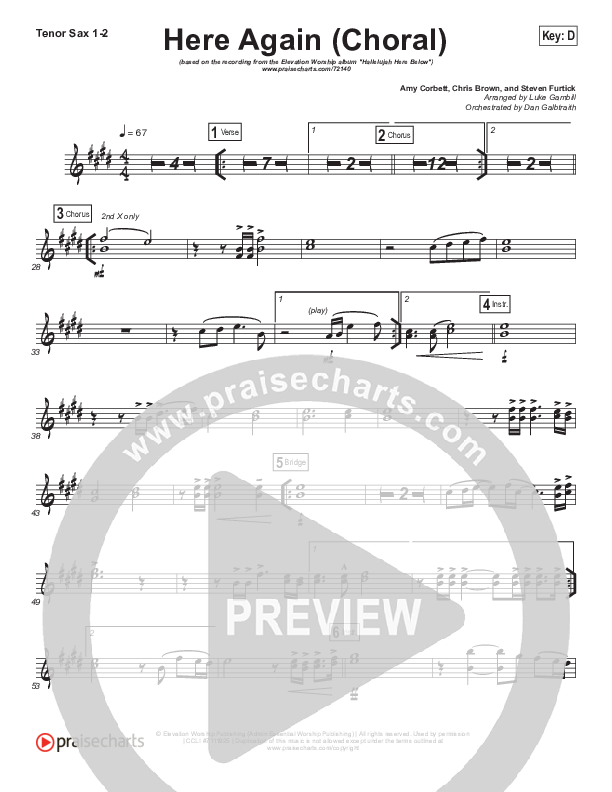Here Again (Choral Anthem SATB) Tenor Sax 1/2 (Elevation Worship / Arr. Luke Gambill)