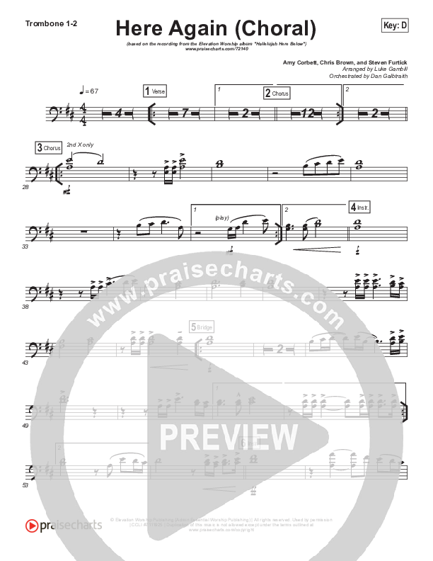 Here Again (Choral Anthem SATB) Trombone 1/2 (Elevation Worship / Arr. Luke Gambill)