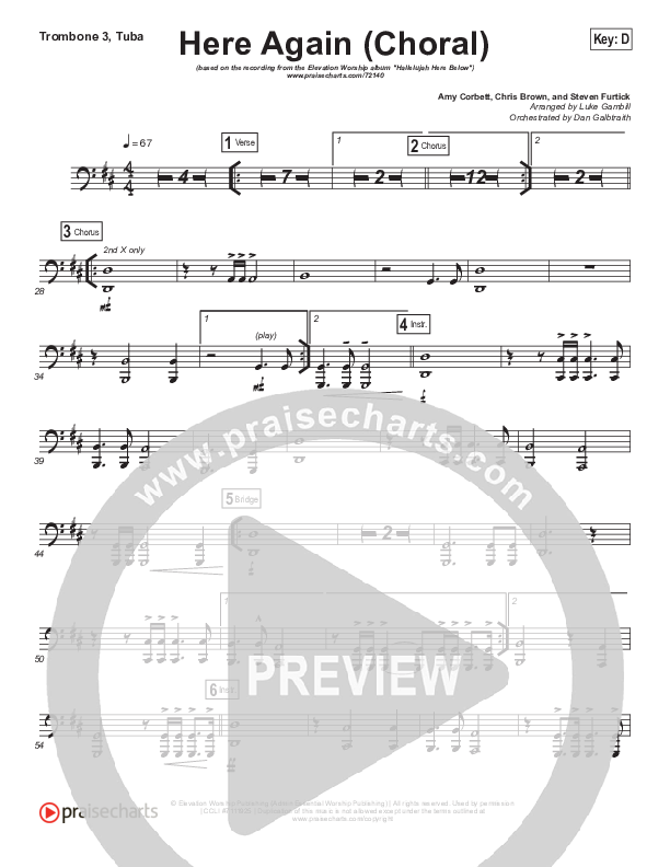 Here Again (Choral Anthem SATB) Trombone 3/Tuba (Elevation Worship / Arr. Luke Gambill)