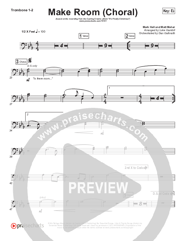 Make Room (Choral Anthem SATB) Trombone 1/2 (Casting Crowns / Arr. Luke Gambill)