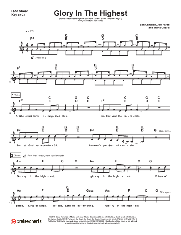 Glory In The Highest Lead Sheet (Melody) (Travis Cottrell / Lily Cottrell)