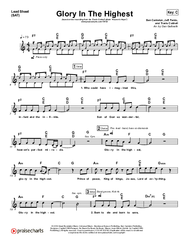 Glory In The Highest Lead Sheet (SAT) (Travis Cottrell / Lily Cottrell)