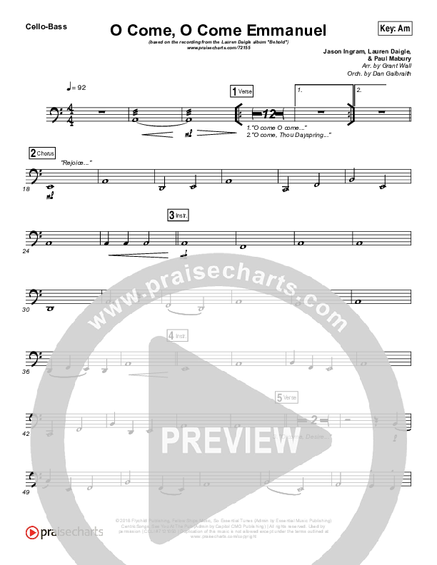 O Come O Come Emmanuel Cello/Bass (Lauren Daigle)
