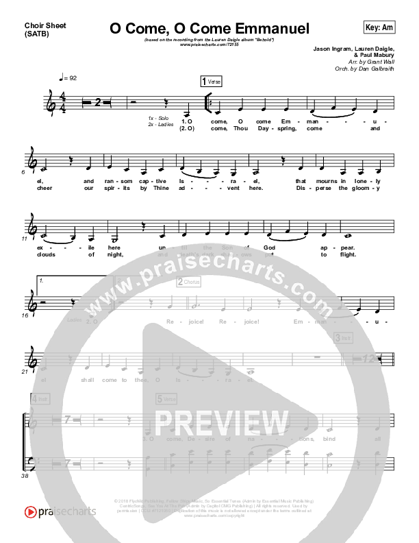 O Come O Come Emmanuel Choir Sheet (SATB) (Lauren Daigle)