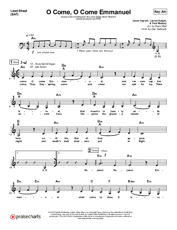 O Come O Come Emmanuel Lead Sheet (SAT) (Lauren Daigle)