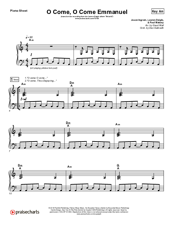 O Come O Come Emmanuel Piano Sheet (Lauren Daigle)