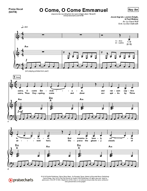 O Come O Come Emmanuel Piano/Vocal (SATB) (Lauren Daigle)