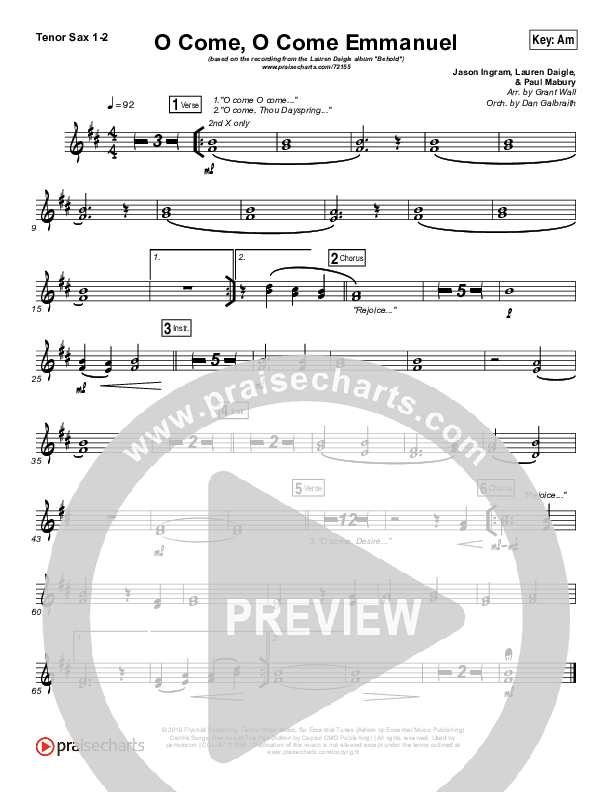 O Come O Come Emmanuel Tenor Sax 1/2 (Lauren Daigle)