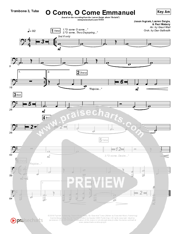 O Come O Come Emmanuel Trombone 3/Tuba (Lauren Daigle)
