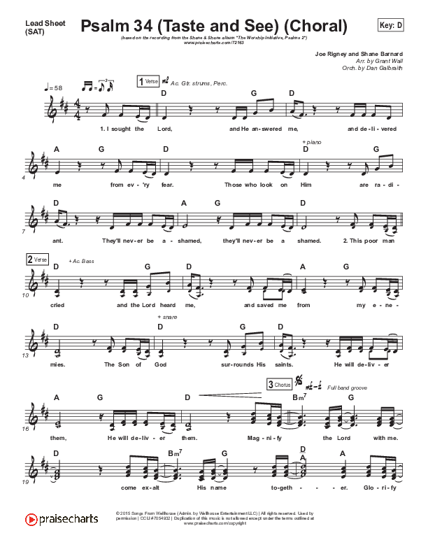 Psalm 34 (Taste and See) (Choral Anthem SATB) Lead Sheet (SAT) (The Worship Initiative / Shane & Shane / Arr. Luke Gambill)