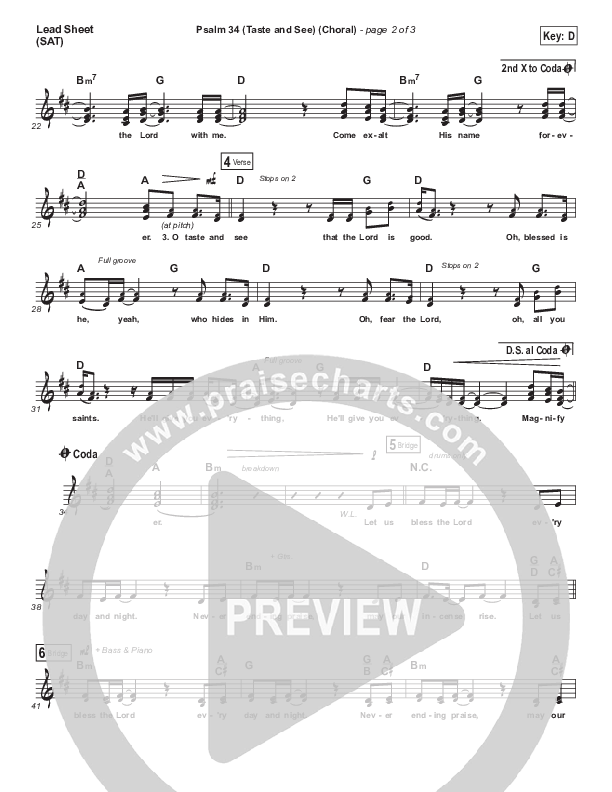 Psalm 34 (Taste and See) (Choral Anthem SATB) Lead Sheet (SAT) (The Worship Initiative / Shane & Shane / Arr. Luke Gambill)