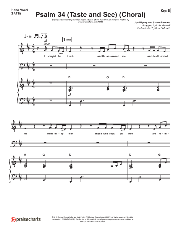 Psalm 34 (Taste and See) (Choral) Piano/Vocal (SATB) (The Worship Initiative / Shane & Shane / PraiseCharts Choral / Arr. Luke Gambill)