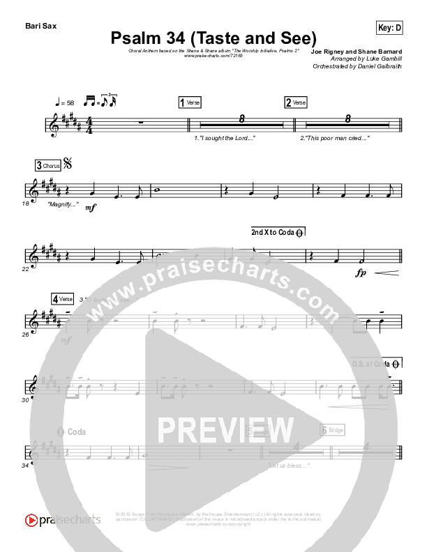 Psalm 34 (Taste and See) (Choral Anthem SATB) Bari Sax (The Worship Initiative / Shane & Shane / Arr. Luke Gambill)