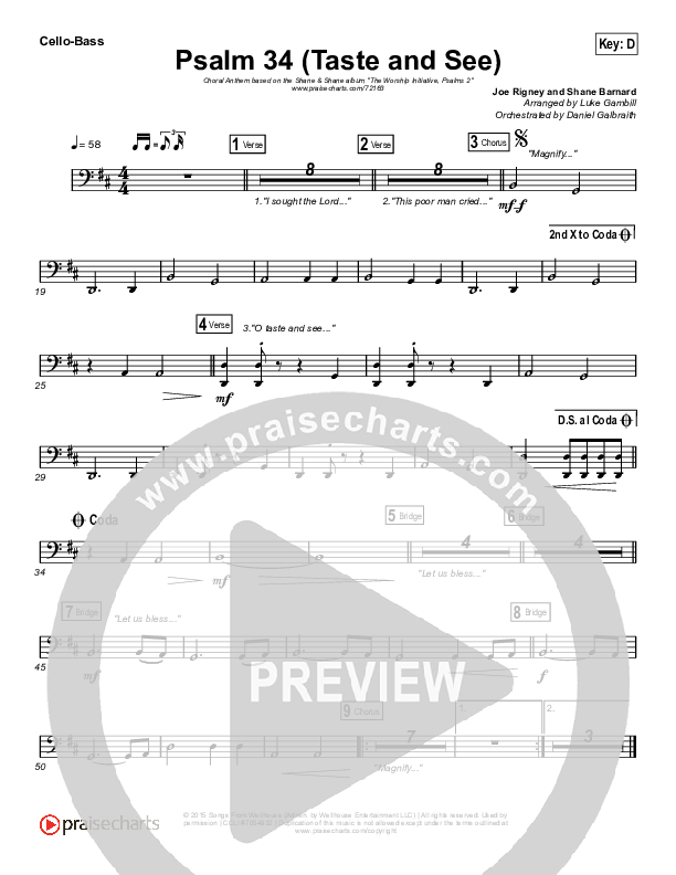 Psalm 34 (Taste and See) (Choral Anthem SATB) Cello/Bass (The Worship Initiative / Shane & Shane / Arr. Luke Gambill)