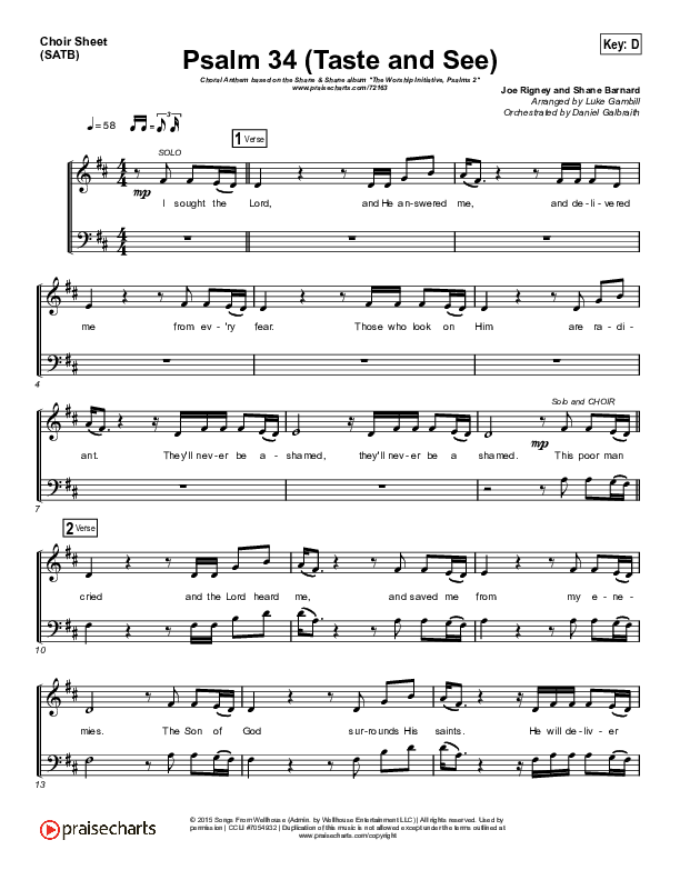 Psalm 34 (Taste and See) (Choral Anthem SATB) Choir Sheet (SATB) (The Worship Initiative / Shane & Shane / Arr. Luke Gambill)