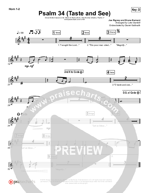 Psalm 34 (Taste and See) (Choral Anthem SATB) French Horn 1/2 (The Worship Initiative / Shane & Shane / Arr. Luke Gambill)