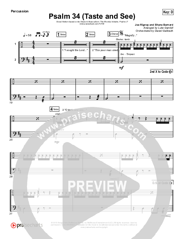 Psalm 34 (Taste and See) (Choral Anthem SATB) Percussion (The Worship Initiative / Shane & Shane / Arr. Luke Gambill)
