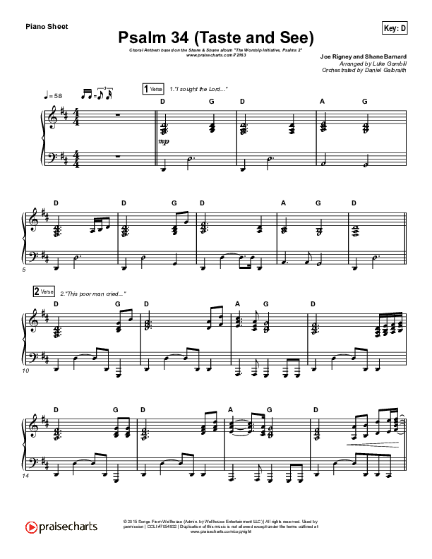 Psalm 34 (Taste and See) (Choral Anthem SATB) Piano Sheet (The Worship Initiative / Shane & Shane / Arr. Luke Gambill)