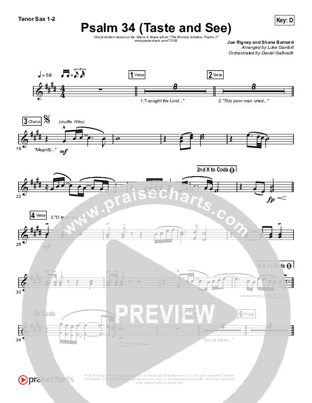 Psalm 34 (Taste and See) (Choral Anthem SATB) Tenor Sax 1/2 (The Worship Initiative / Shane & Shane / Arr. Luke Gambill)