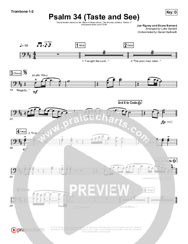 Psalm 34 (Taste and See) (Choral Anthem SATB) Trombone 1/2 (The Worship Initiative / Shane & Shane / Arr. Luke Gambill)