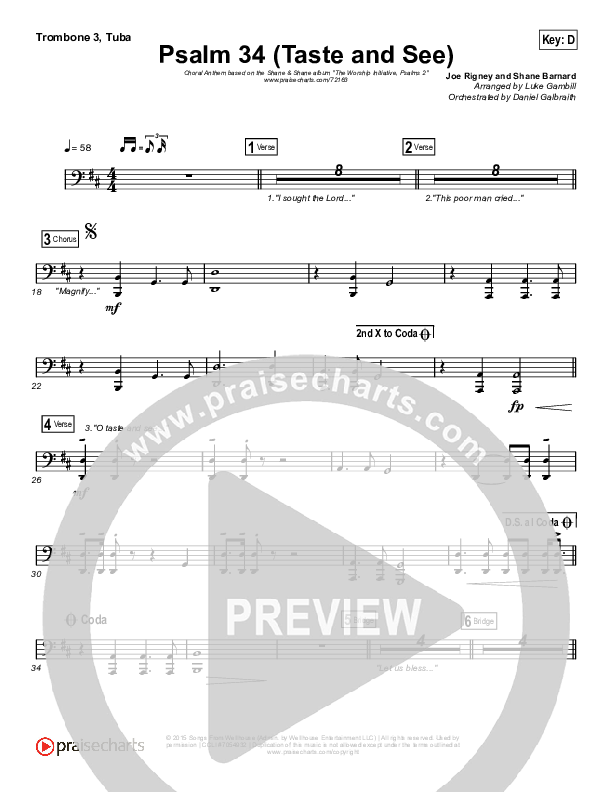 Psalm 34 (Taste and See) (Choral Anthem SATB) Trombone 3/Tuba (The Worship Initiative / Shane & Shane / Arr. Luke Gambill)