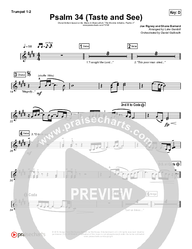 Psalm 34 (Taste and See) (Choral Anthem SATB) Trumpet 1,2 (The Worship Initiative / Shane & Shane / Arr. Luke Gambill)