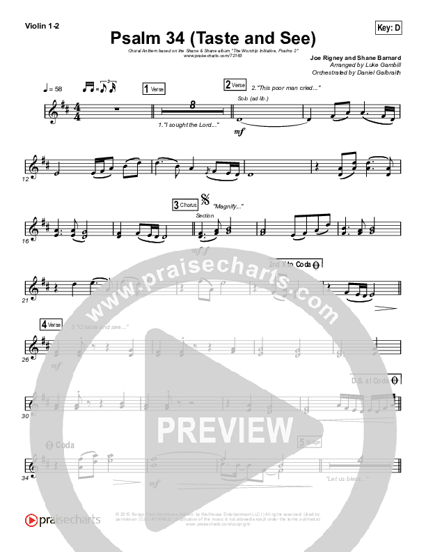 Psalm 34 (Taste and See) (Choral Anthem SATB) Violin 1/2 (The Worship Initiative / Shane & Shane / Arr. Luke Gambill)