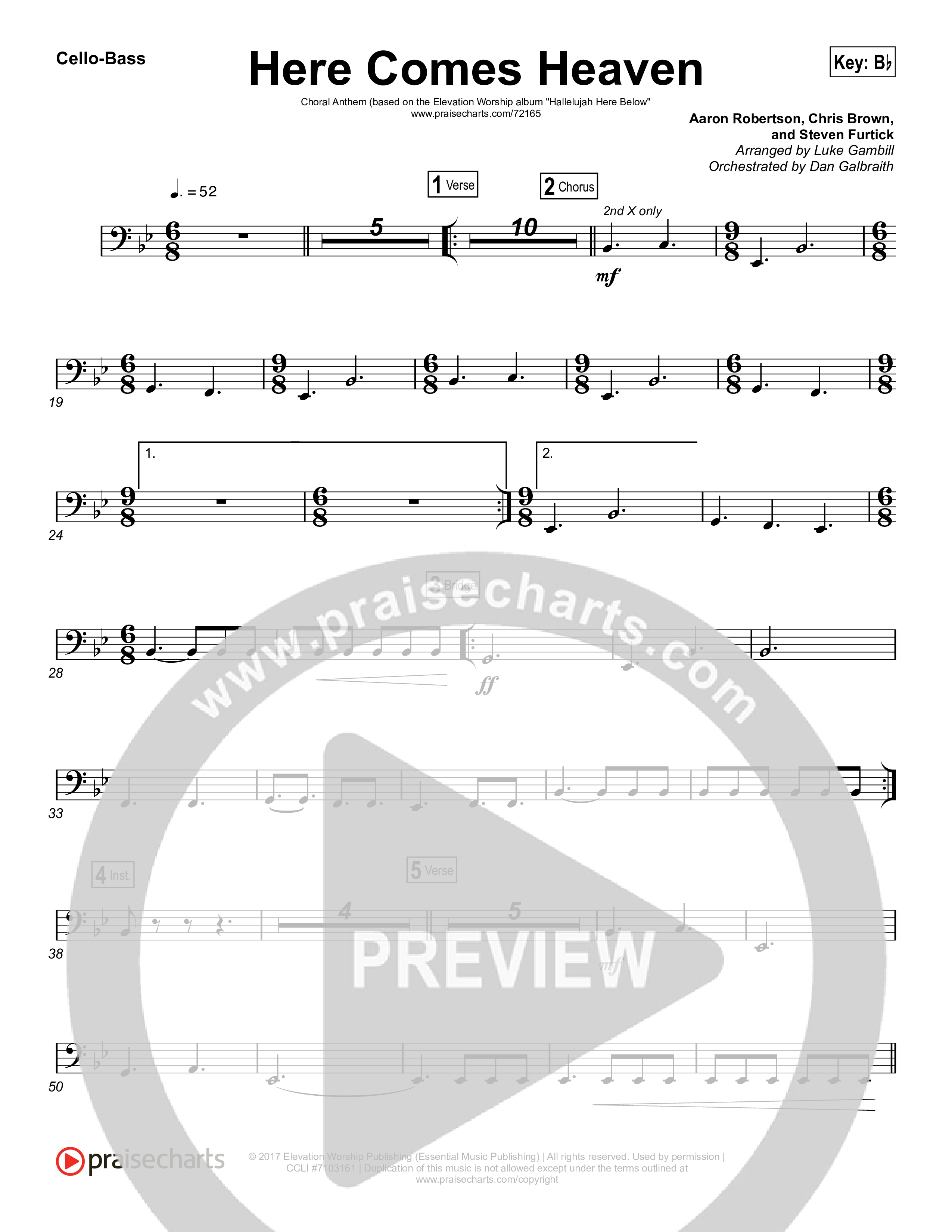 Here Comes Heaven (Choral Anthem SATB) Cello/Bass (Elevation Worship / Arr. Luke Gambill)