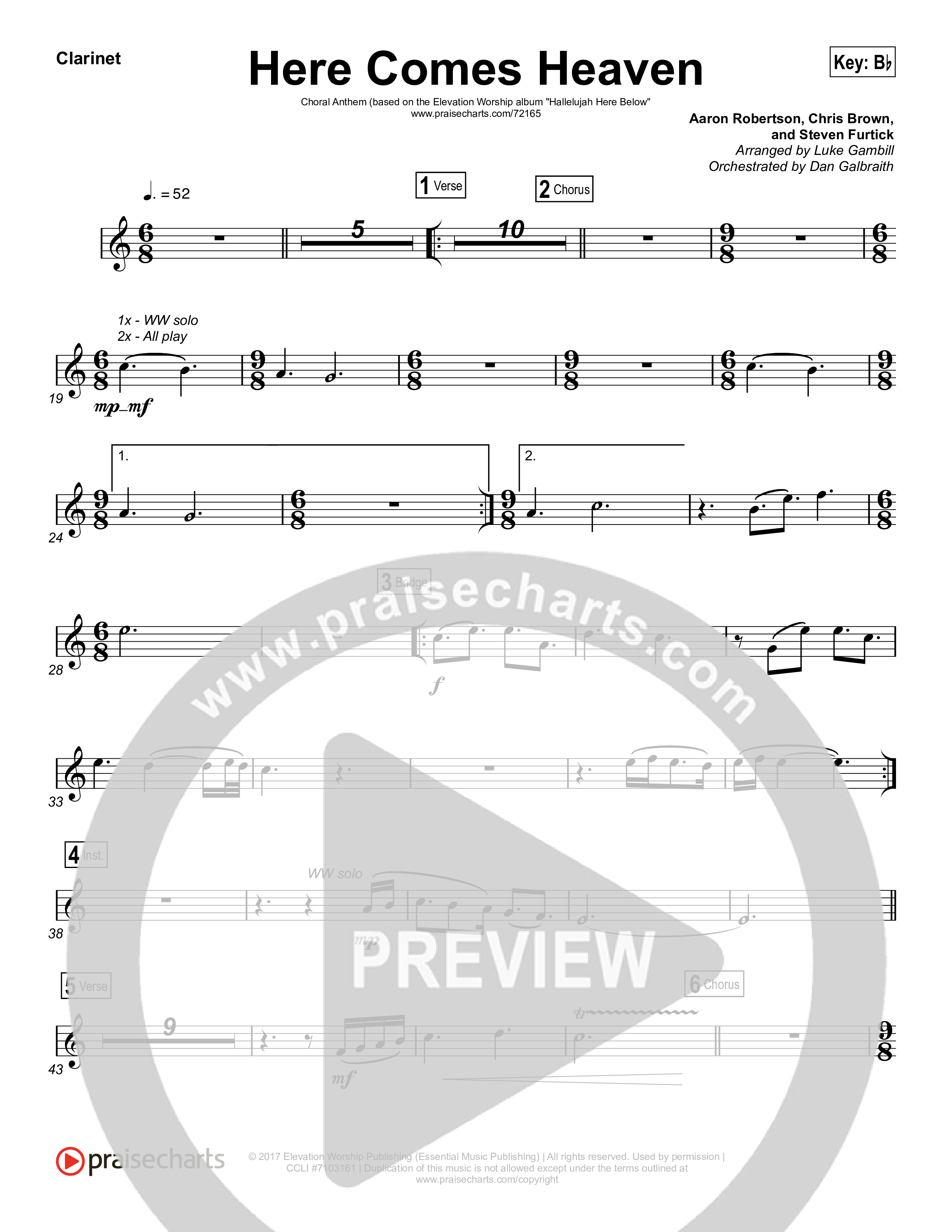 Here Comes Heaven (Choral Anthem SATB) Clarinet 1,2 (Elevation Worship / Arr. Luke Gambill)