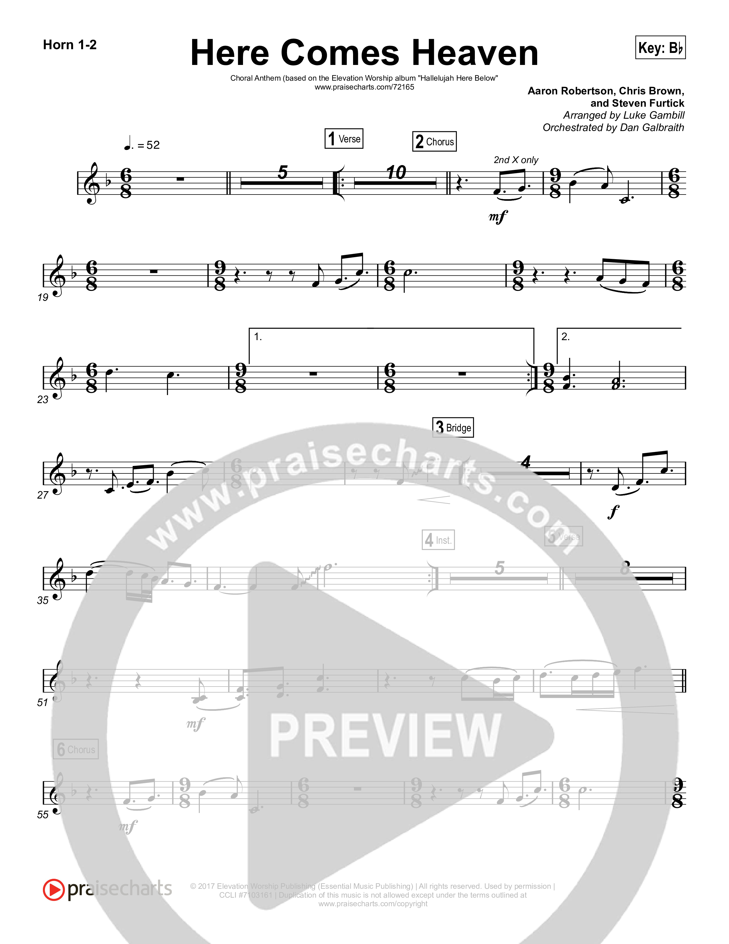 Here Comes Heaven (Choral Anthem SATB) French Horn 1,2 (Elevation Worship / Arr. Luke Gambill)