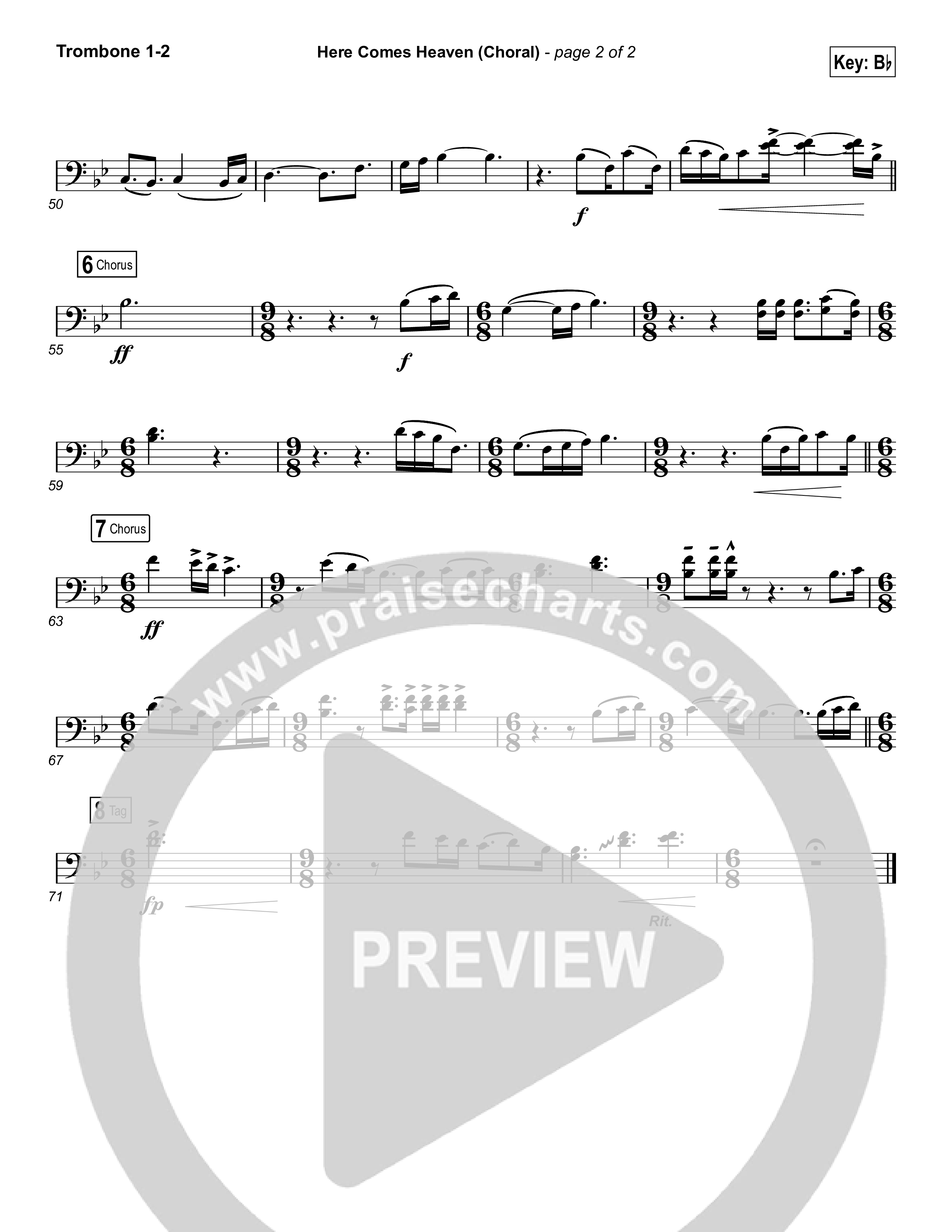 Here Comes Heaven (Choral Anthem SATB) Trombone 1,2 (Elevation Worship / Arr. Luke Gambill)