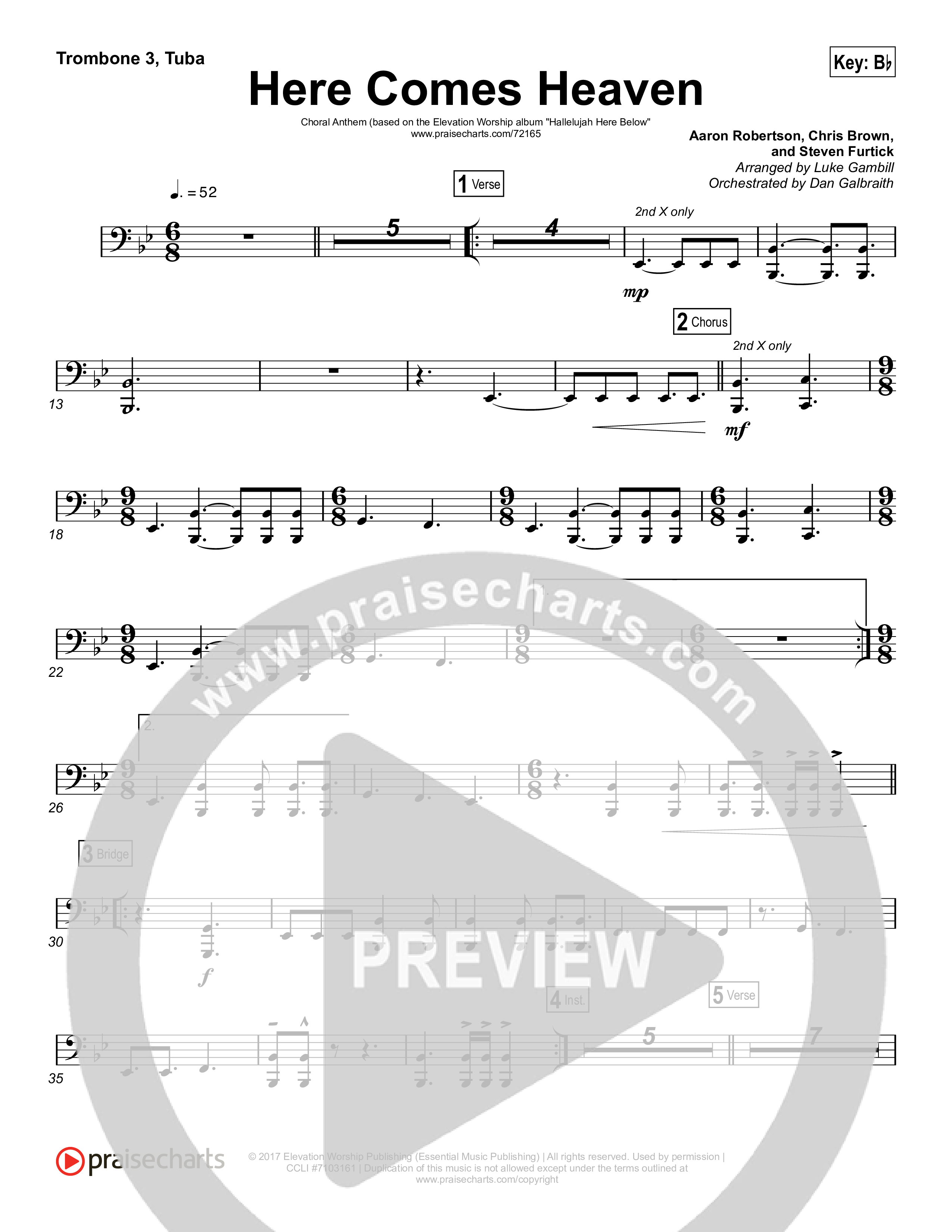 Here Comes Heaven (Choral Anthem SATB) Trombone 3/Tuba (Elevation Worship / Arr. Luke Gambill)
