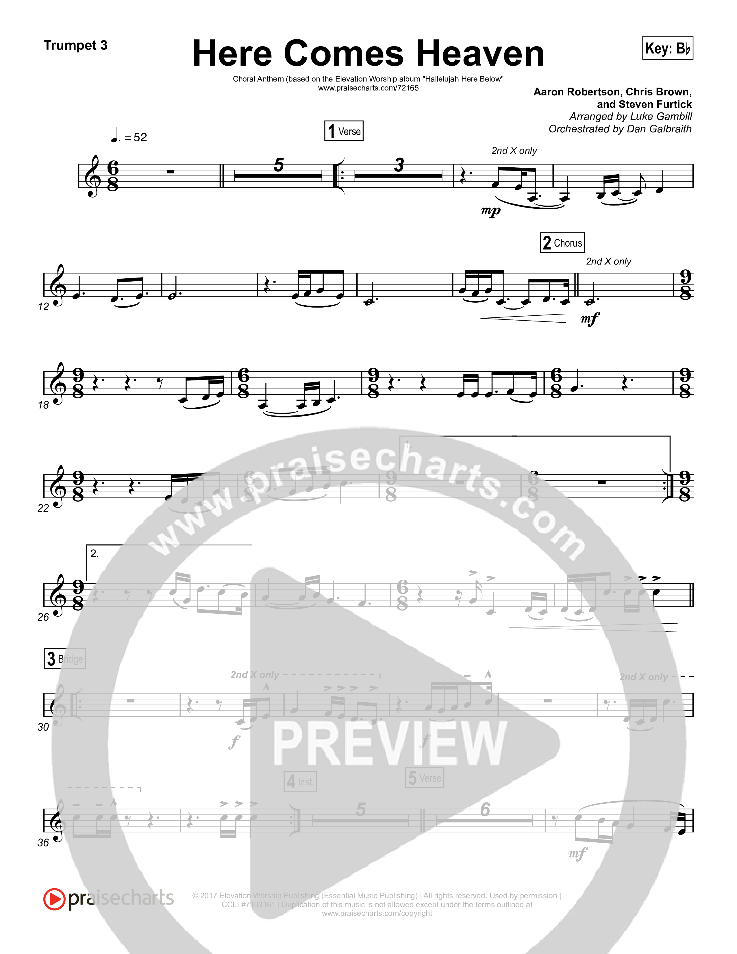 Here Comes Heaven (Choral Anthem SATB) Trumpet 3 (Elevation Worship / Arr. Luke Gambill)