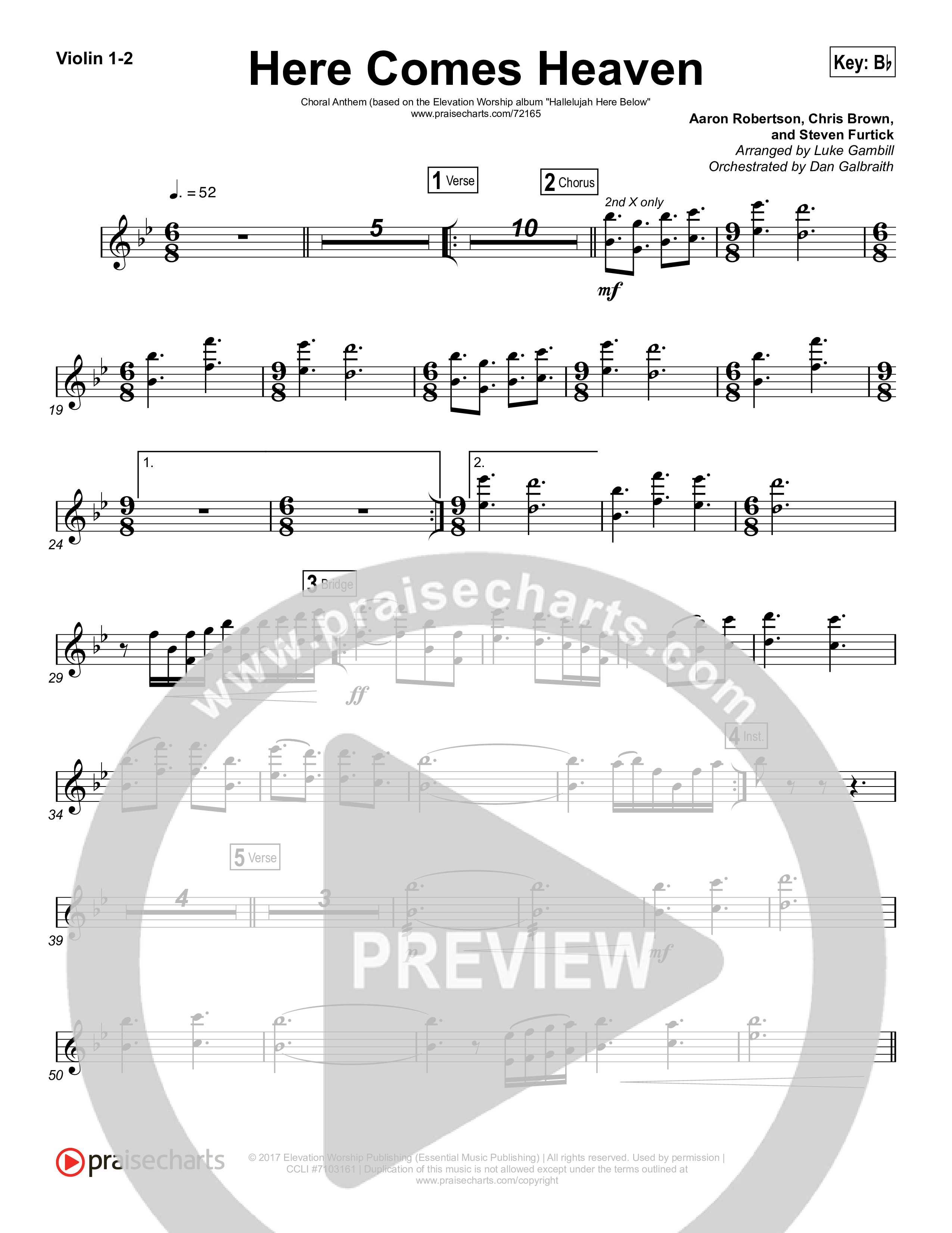 Here Comes Heaven (Choral Anthem SATB) Violin 1,2 (Elevation Worship / Arr. Luke Gambill)