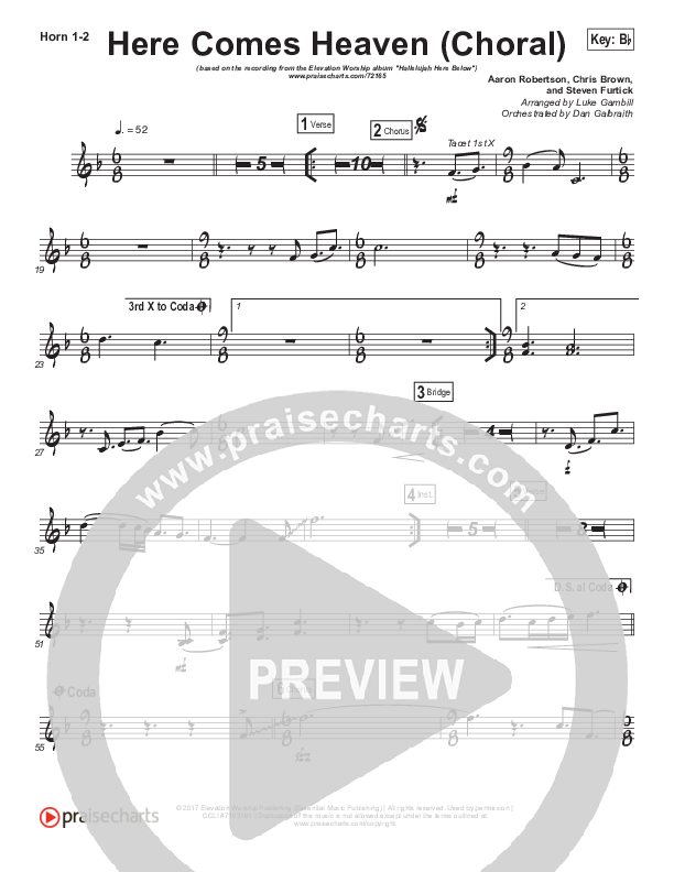 Here Comes Heaven (Choral Anthem SATB) French Horn 1,2 (Elevation Worship / Arr. Luke Gambill)