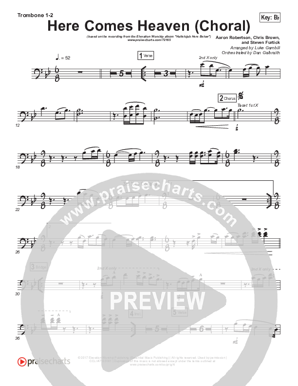 Here Comes Heaven (Choral Anthem SATB) Trombone 1/2 (Elevation Worship / Arr. Luke Gambill)